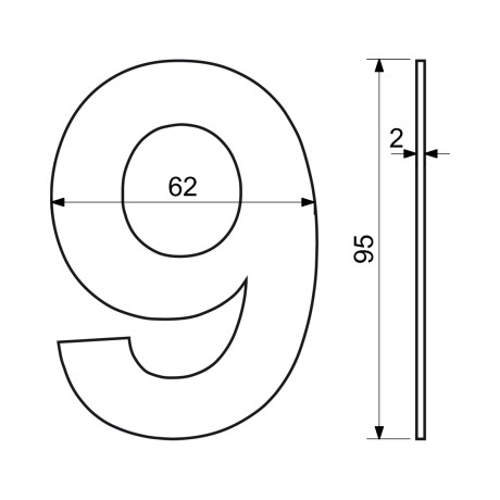 RN.95L.9.N. číslica "9" 95mm nerez